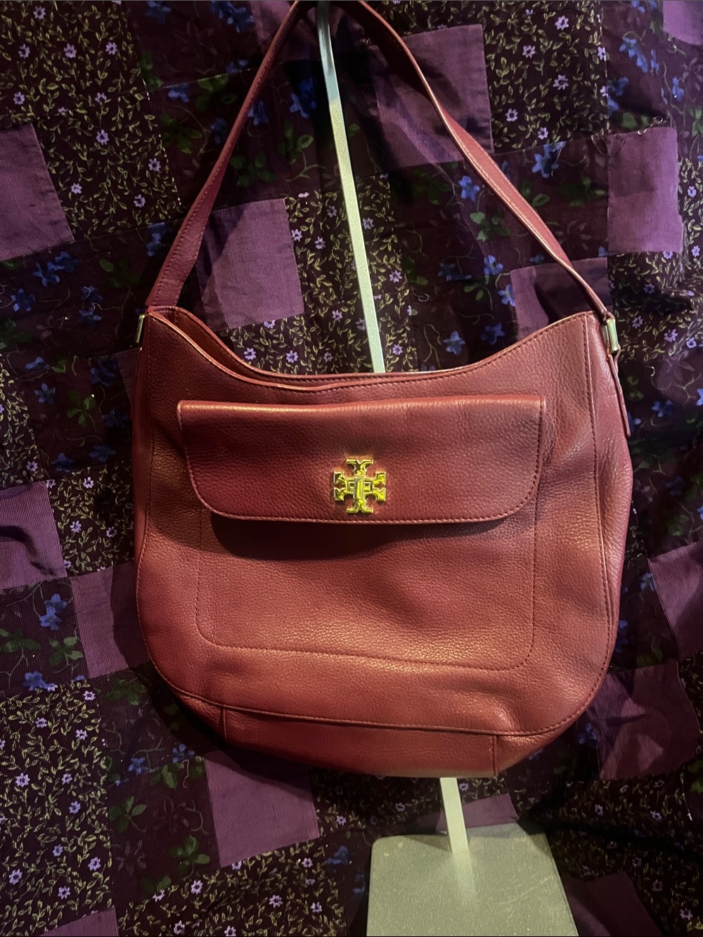 Tory Burch Deep Burgundy Leather Hobo with Gold Logo